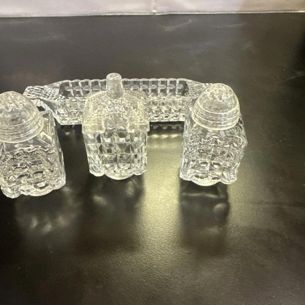 Vtg Bohemia Glass Salt Pepper‎ Shakers Mustard Jar in Tray Czech Bohemian
